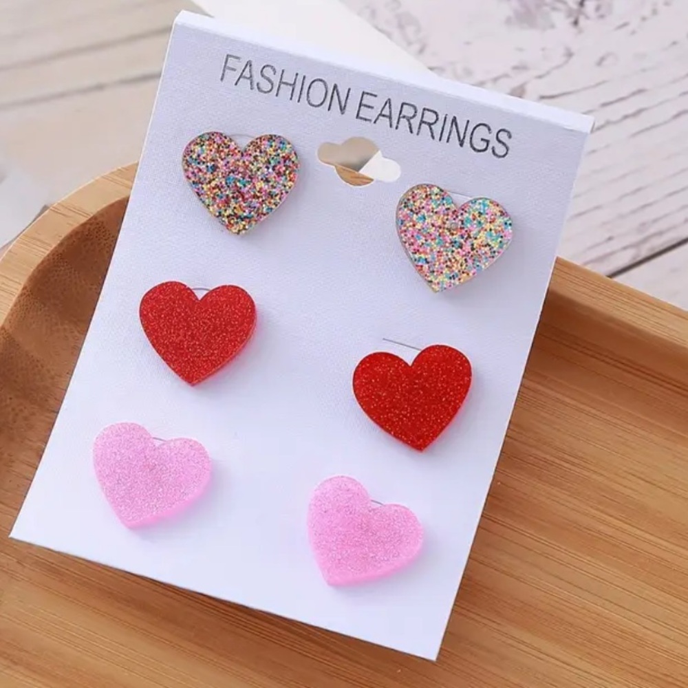 Women’s Pink, Red & Multicolor Sparkle Acrylic 3 Pack Stud Earrings.